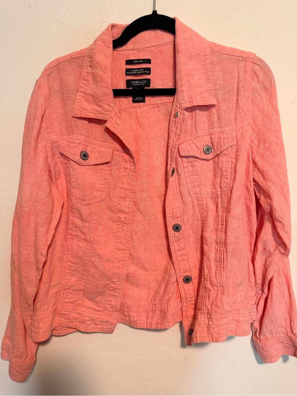 Jones New York Coral Pink Linen-Blend Jean Jacket